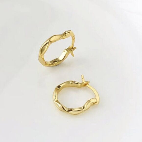 COPY - Gold Geometric Hammered Hoop Earrings. 925 Sterling Silver. #1070 - Picture 4 of 6